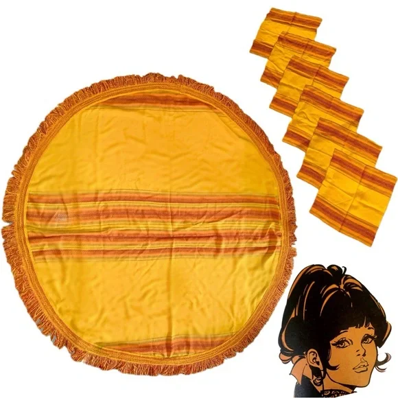 v i n t a g e :: Vibrant Woven Table Cloth 6 Napkin Set MCM Boho - Picture 2 of 16